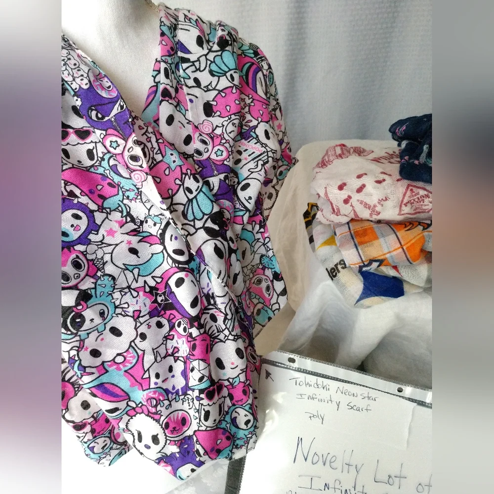 Novelty Infinity Scarf Lot of 7 Fun Fashion Scarves Sports Unicorn Tokidoki Etc